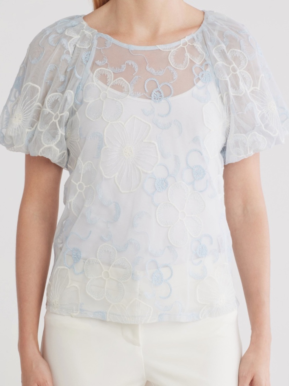 Laundry By Shelli Segal Light Blue Floral Lace Puff-Sleeve Blouse